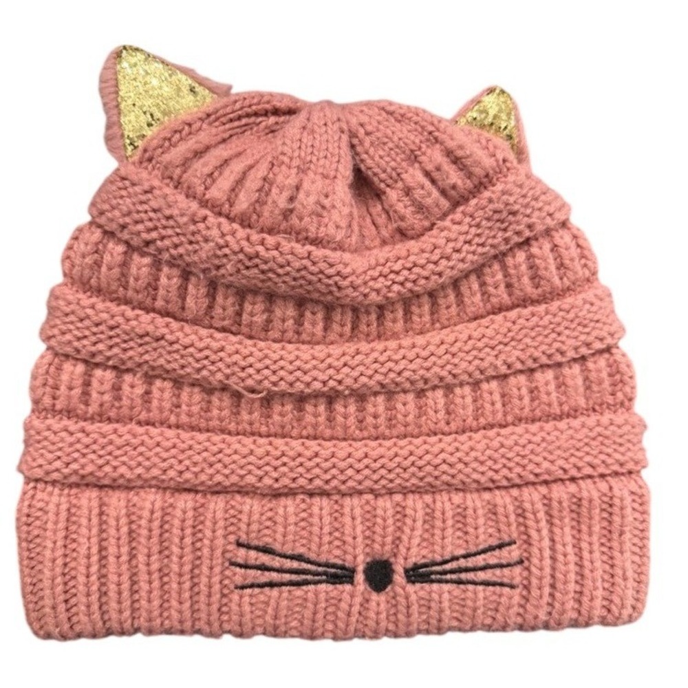 David and Young Girls Pink Knit Cat Ear Beanie Hat Glitter Gold Sparkle